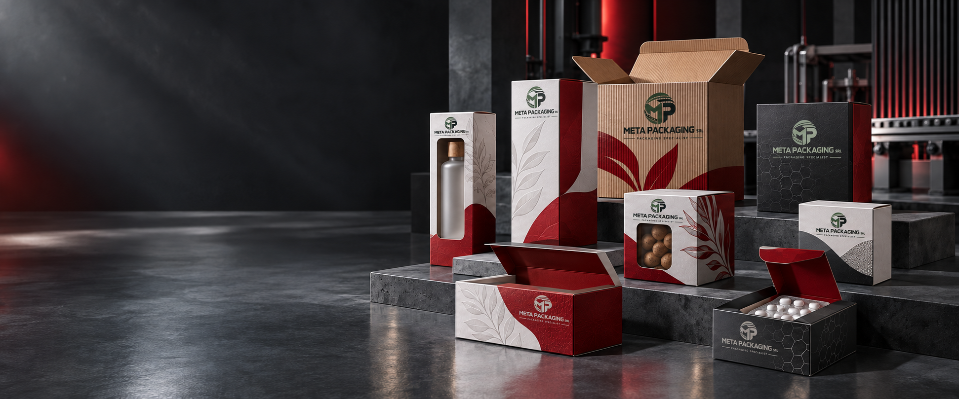 Astucci in cartoncino teso e scatole in microonda con stampa offset HD e logo Meta Packaging stampato sulle confezioni