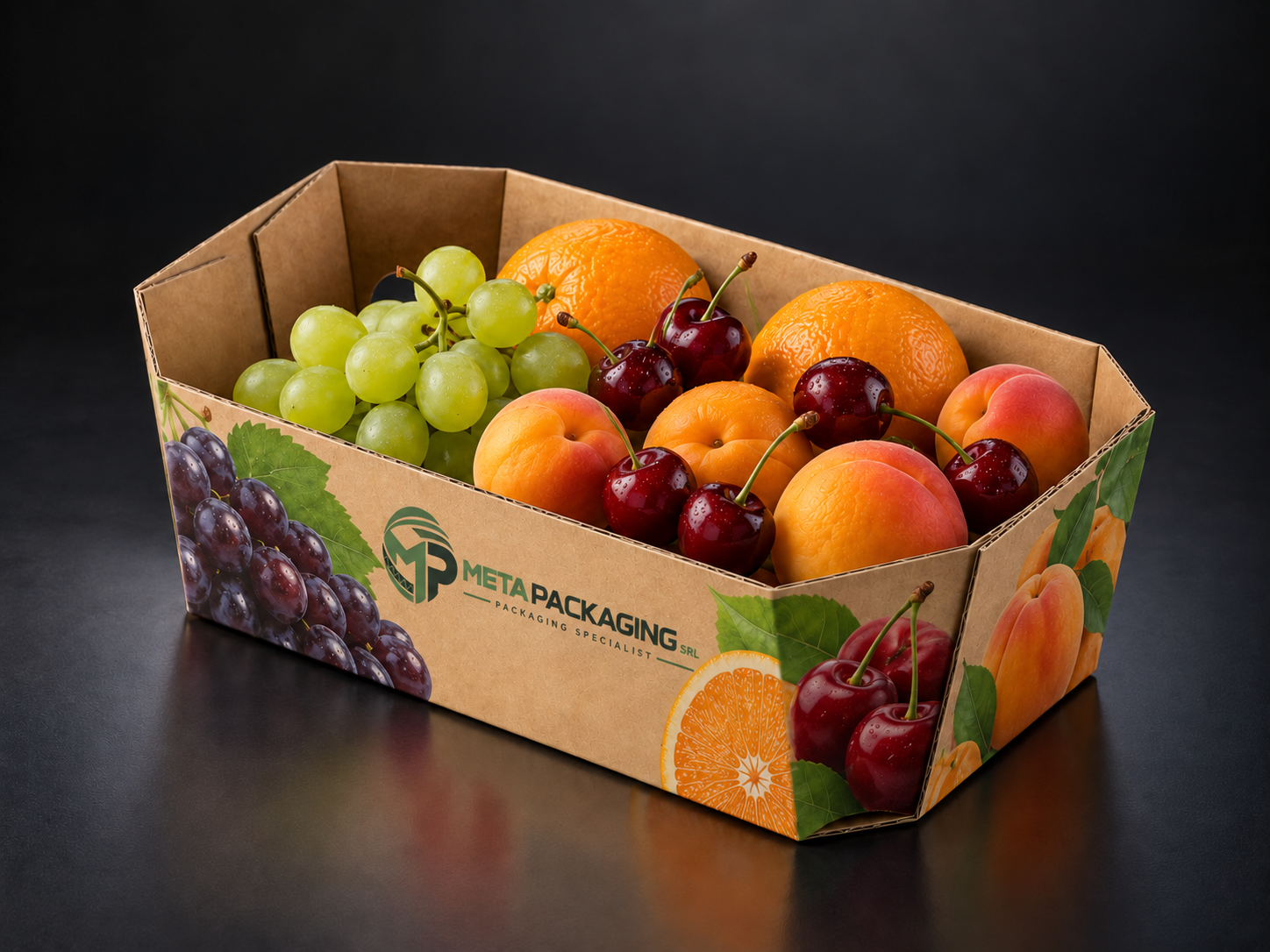Vassoio in microonda per frutta con stampa HD e logo Meta Packaging