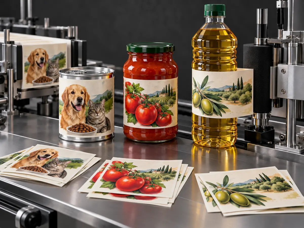 Etichette in carta a foglio con grafiche di pomodori, olio e pet food applicate su latta, vetro e PET