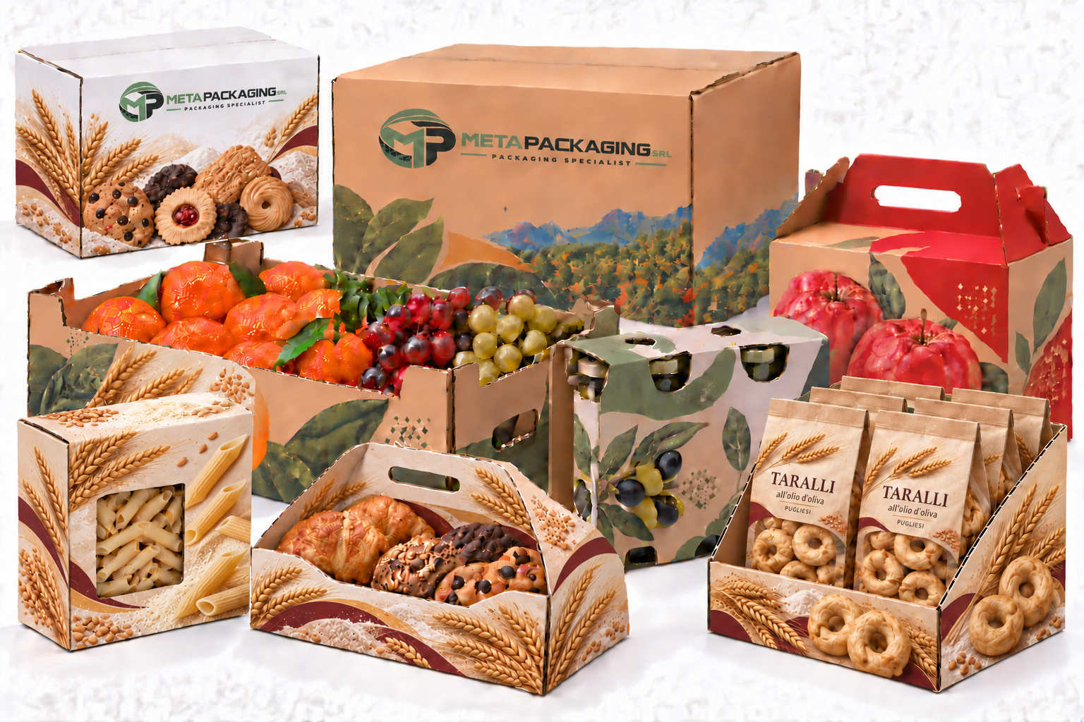 Gamma di packaging in cartone ondulato stampato Flexo HD per ortofrutta, pasta, biscotti e taralli