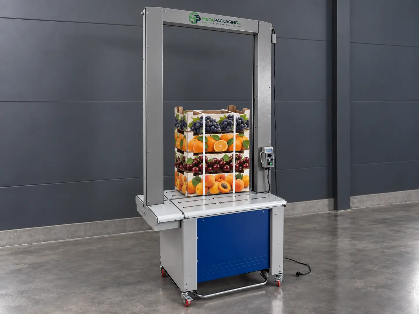 Reggiatrice automatica ad arco alto grigio e blu con marchio Meta Packaging sull'arco