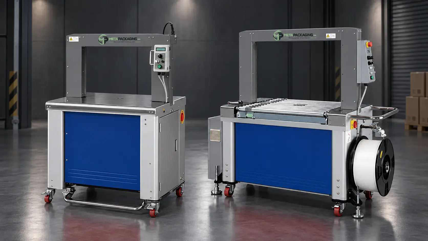 Due reggiatrici automatiche grigie e blu con marchio Meta Packaging sugli archi