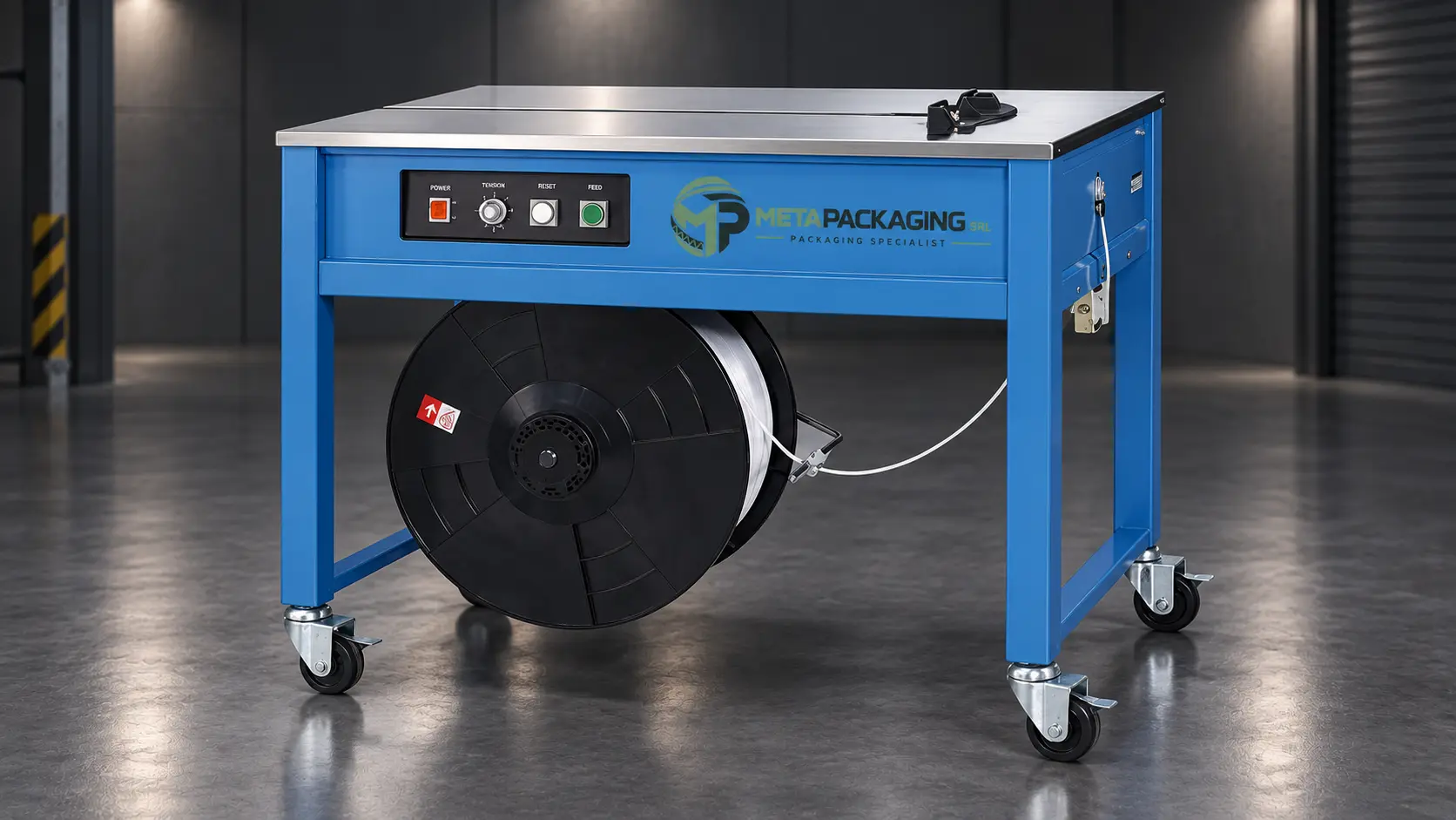 Reggiatrice semiautomatica con marchio Meta Packaging