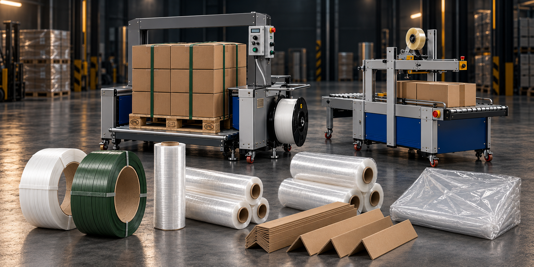 Macchinari di fine linea con reggette, film estensibile e termoretraibile, angolari e copripallet